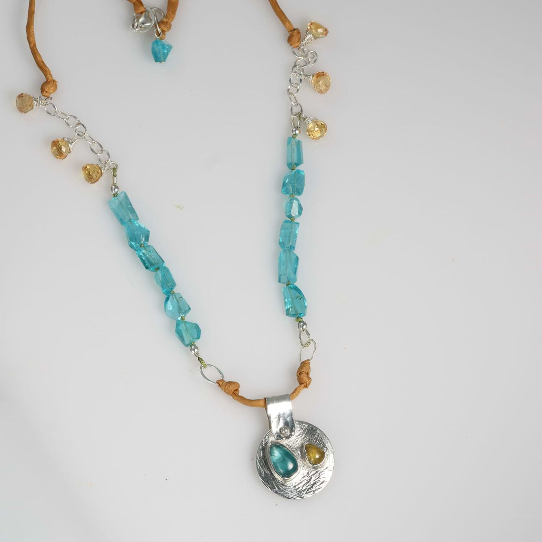 Beach Party necklace with rare Paraiba blue and golden tourmalines set in Argentium silver, silk and sapphire strand — handcrafted by Breathe Autumn Rain alt image.