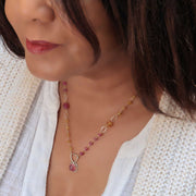 Sapphire and Pink Tourmaline Pendant Necklace lifestyle image | Breathe Autumn Rain Jewelry