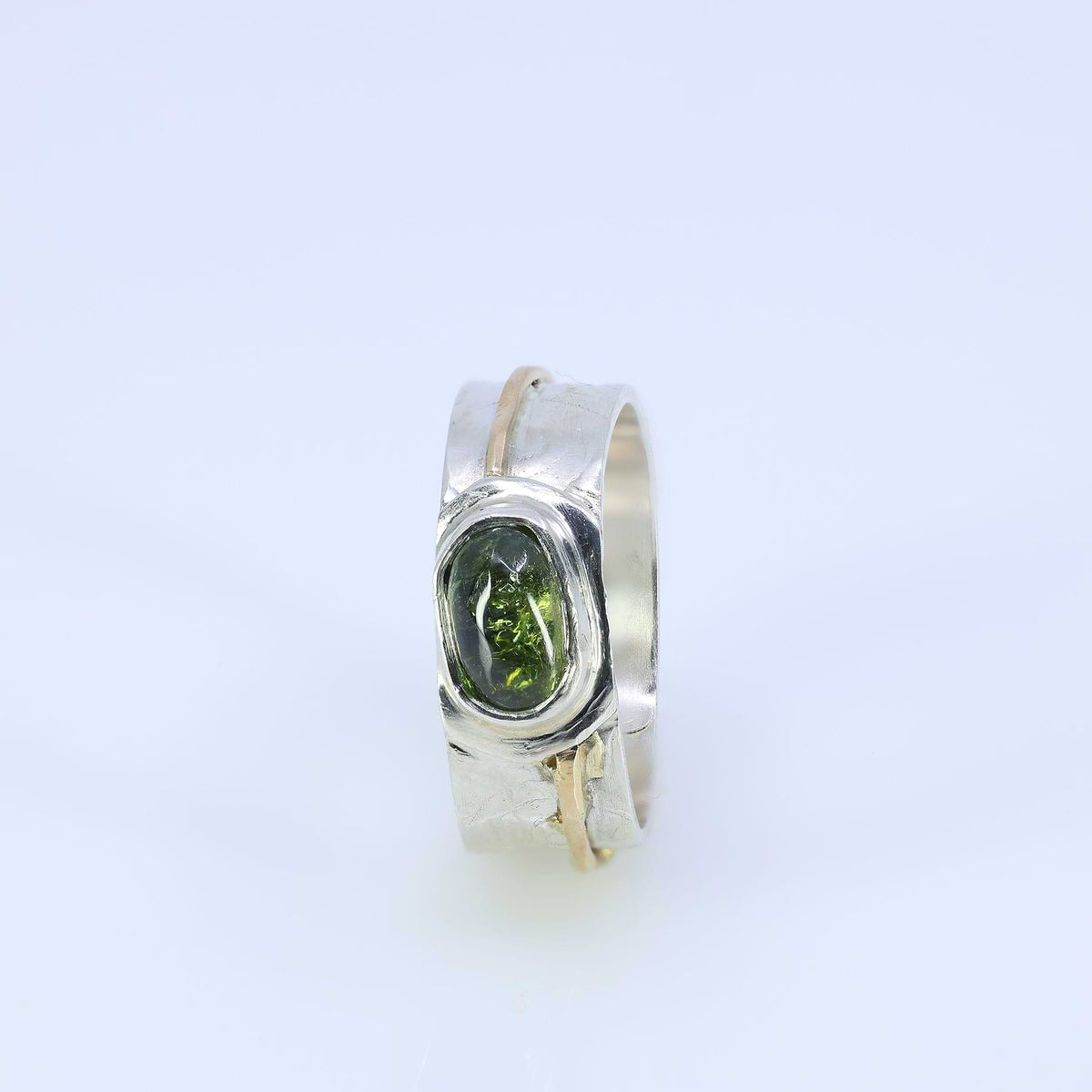 Raincloud - Green Tourmaline Silver and Gold Wide Band Ring alt image | Breathe Autumn Rain
