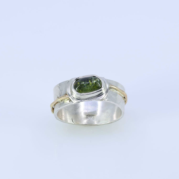 Raincloud - Green Tourmaline Silver and Gold Wide Band Ring main image | Breathe Autumn Rain