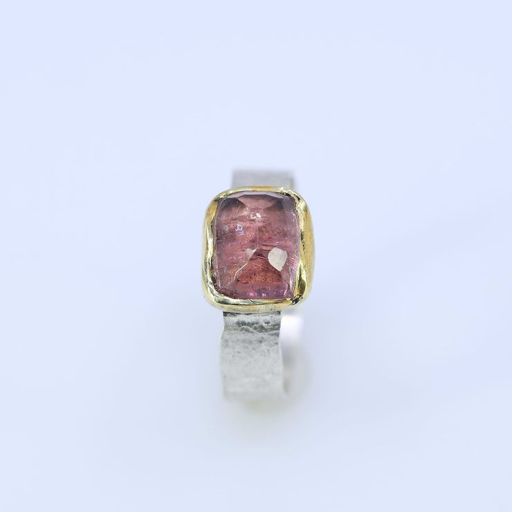 Rosette - Rose Cut Pink Tourmaline Gold and Silver Ring main image | Breathe Autumn Rain Artisan Jewelry