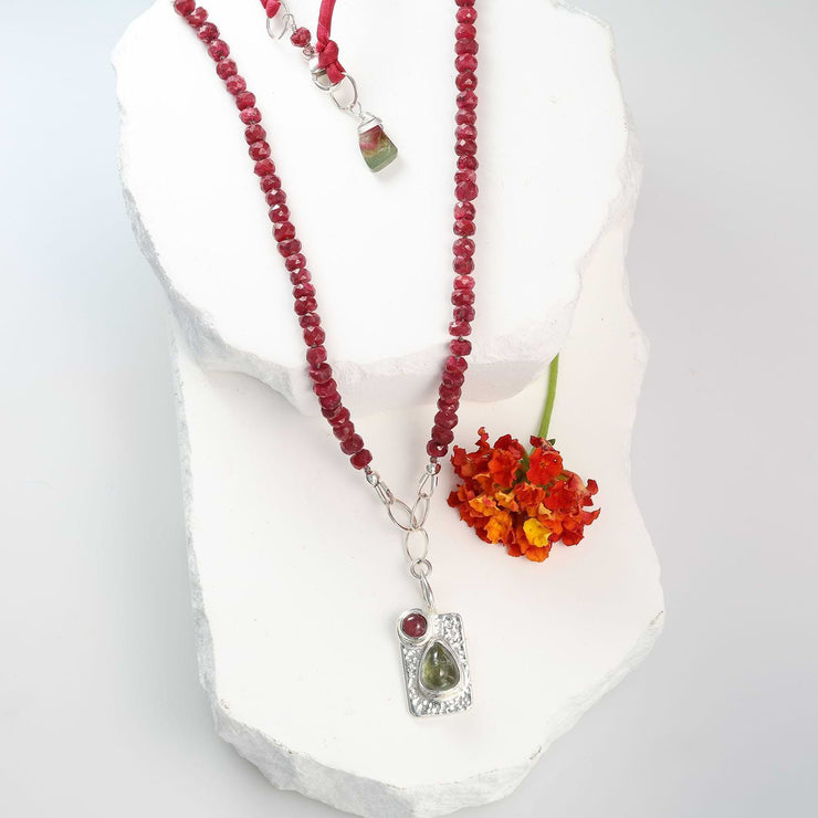 Berries and Thyme – Ruby Beaded Necklace with Green Tourmaline Pendant