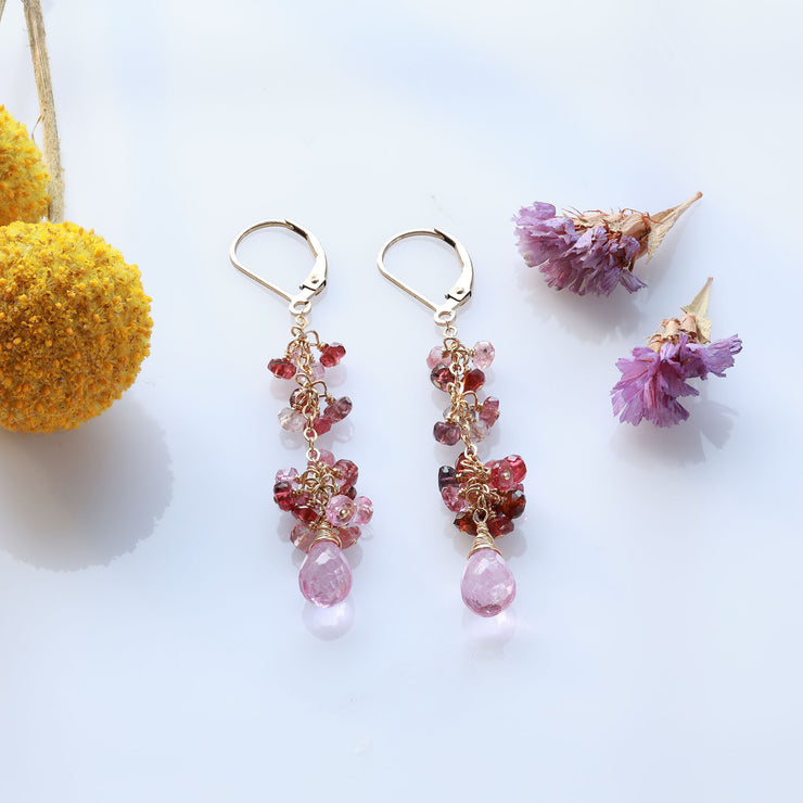 Sakura - Pink Topaz and Pink Spinel Gold Drop Earrings main image | Breathe Autumn Rain Artisan Jewelry