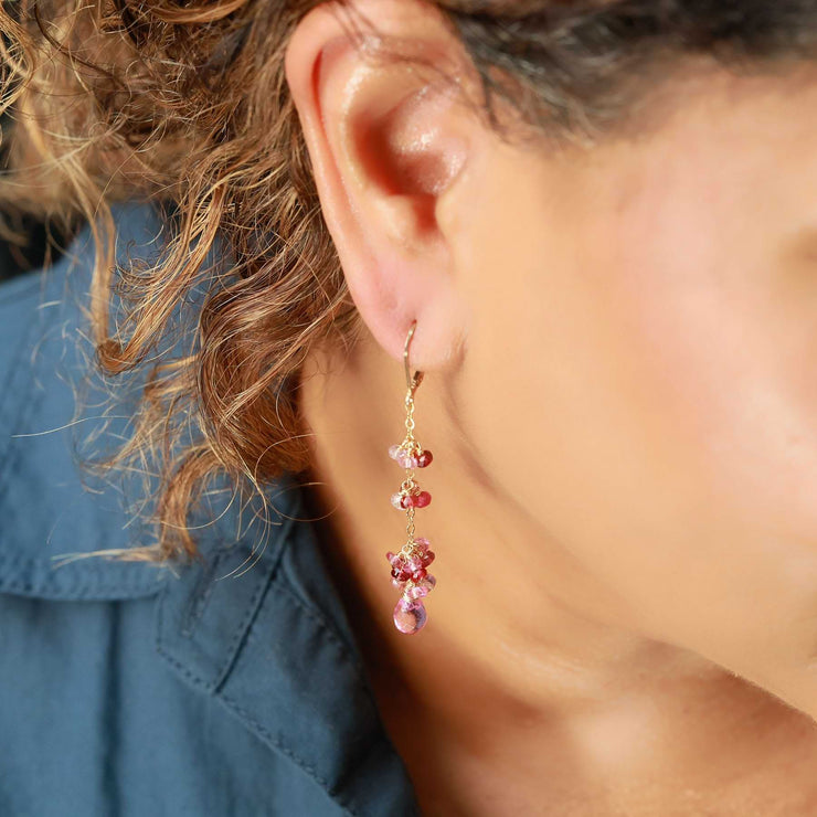 Sakura - Pink Topaz and Pink Spinel Gold Drop Earrings lifestyle image | Breathe Autumn Rain Artisan Jewelry