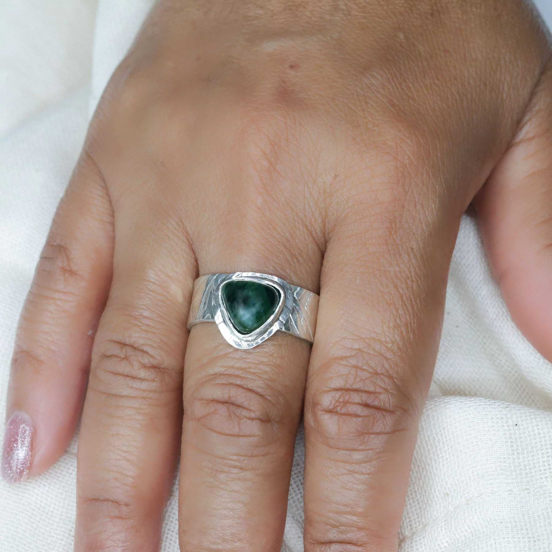 Sanna - Green Tourmaline Argentium Silver Ring lifestyle image | Breathe Autumn Rain Jewelry