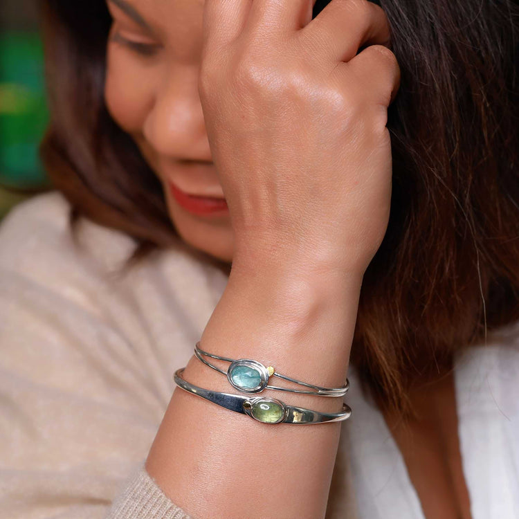 Sterling Silver Bangle Bracelet stacking example image | Breathe Autumn Rain JewelryAozora - Sterling Silver Bangle Bracelet lifestyle image | Breathe Autumn Rain Jewelry