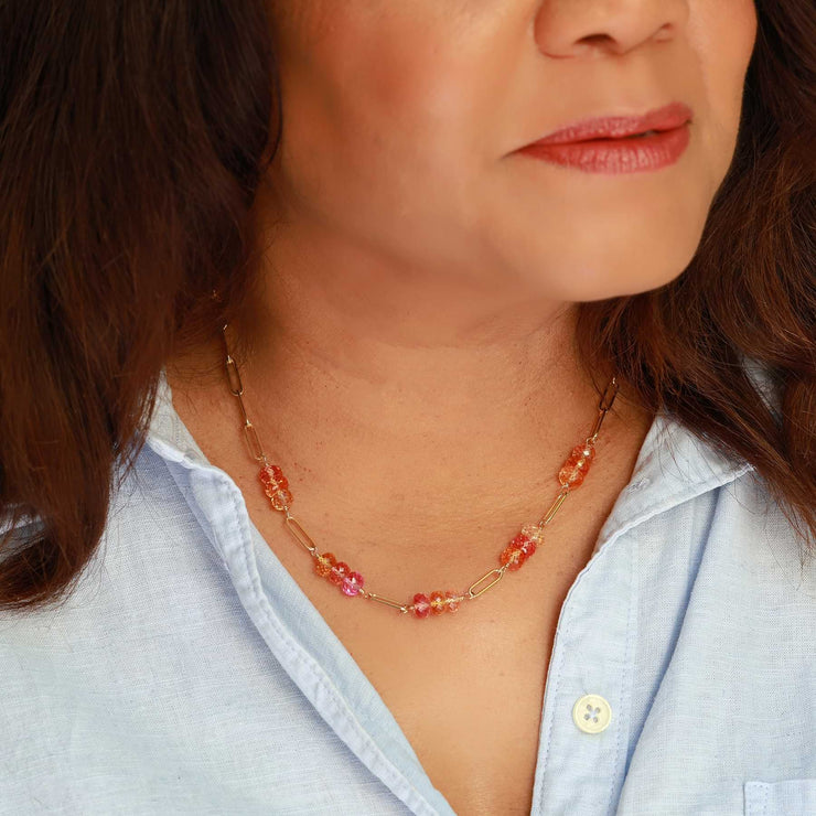 Sweet Tooth - Padparadscha Sapphire Gold Necklace lifestyle image | Breathe Autumn Rain Jewelry