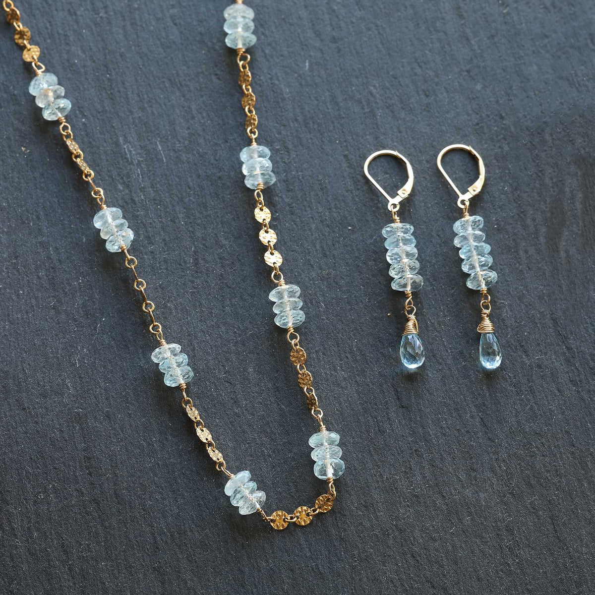 Swiss Blue Topaz stack and Aquamarine teardrop Earrings and matching Necklace detail in gold-filled wire wrap setting