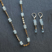 Swiss Blue Topaz stack and Aquamarine teardrop Earrings and matching Necklace detail in gold-filled wire wrap setting