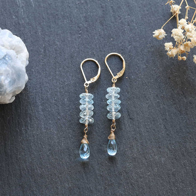 Swiss Blue Topaz stack and Aquamarine teardrop detail in gold-filled wire wrap setting