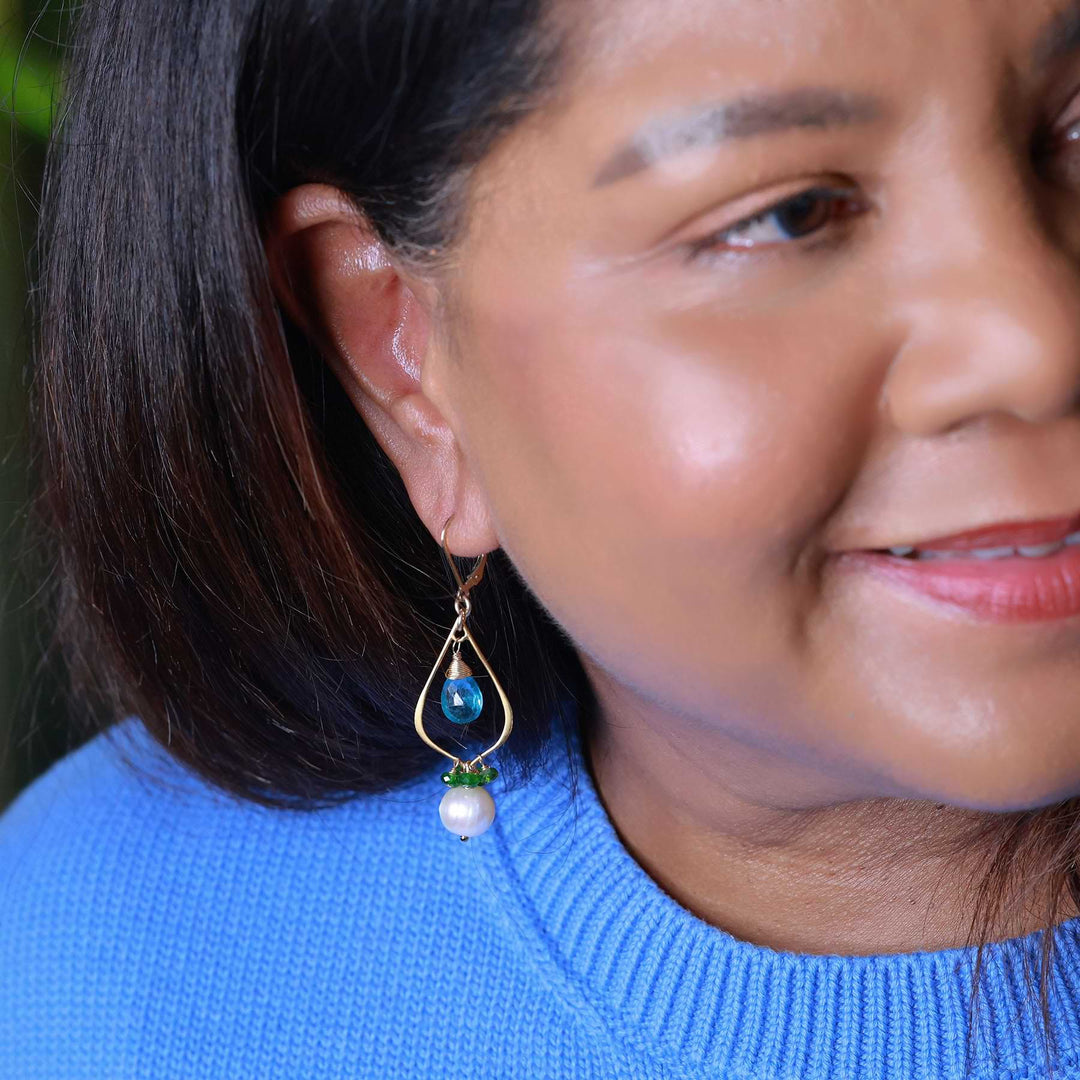 Toni - Apatite and Pearl Gold Earrings lifestyle image | Breathe Autumn Rain Jewelry