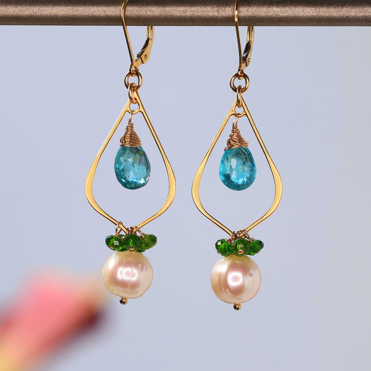 Toni - Apatite and Pearl Gold Earrings alt image | Breathe Autumn Rain Jewelry
