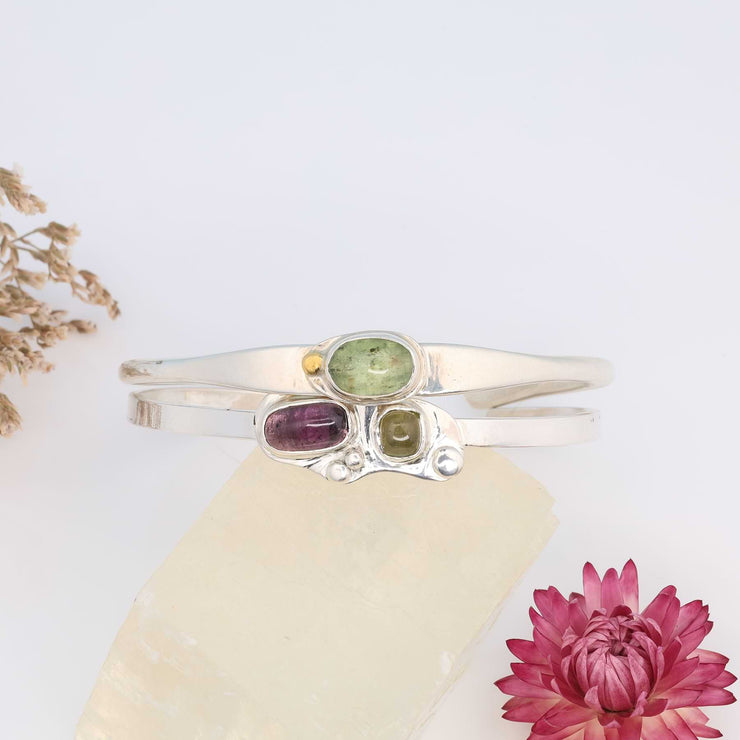 Tourmaline Silver Cuff Bracelet stacking example with Green Kyanite Silver Cuff Bracelet image | Breathe Autumn Rain Jewelry