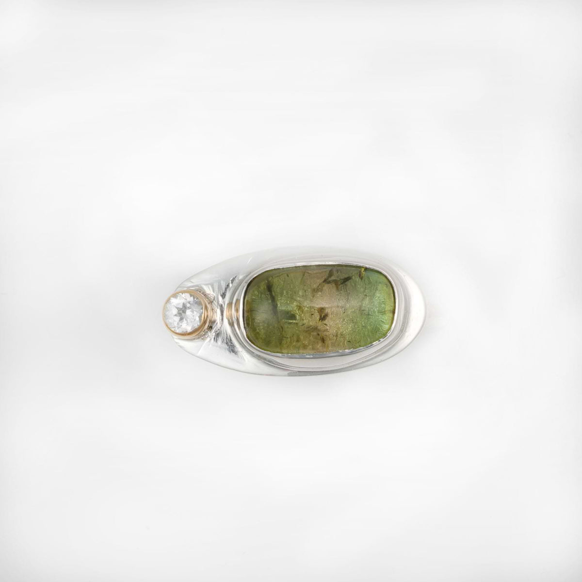 Top view of Napali Coast watermelon tourmaline stacking ring with 14k gold detail