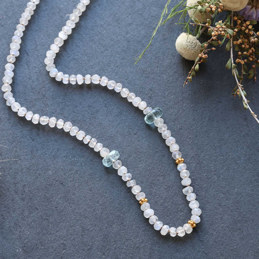 Y-Knot - Moonstone and Aquamarine Silk Knotted Necklace detail image | Breathe Autumn Rain Jewelry