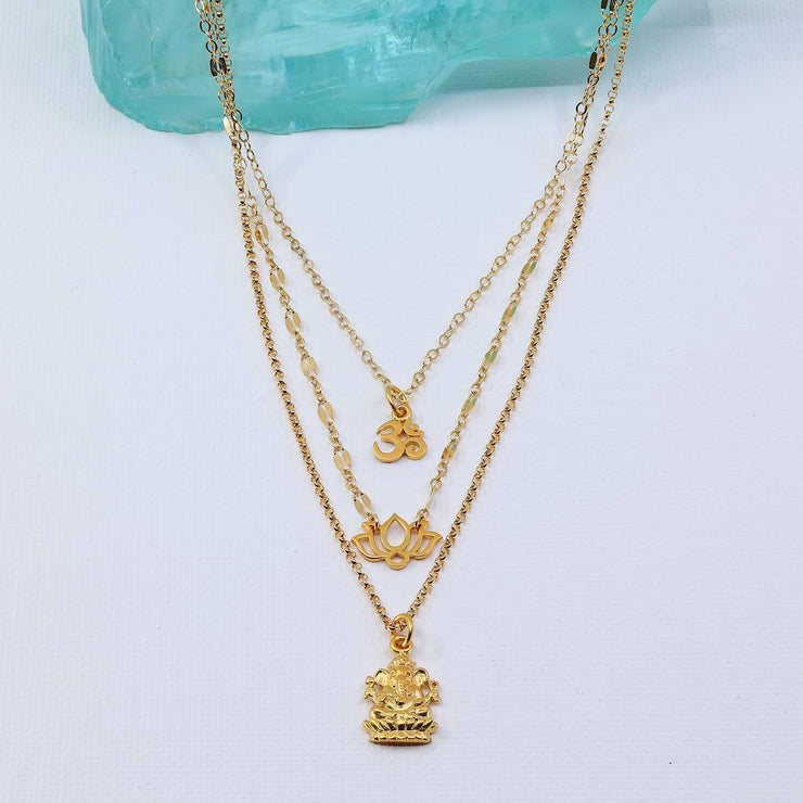 Awaken and Inspire - Ganesha Om Lotus Layered Necklace alt image | Breathe Autumn Rain Artisan Jewelry