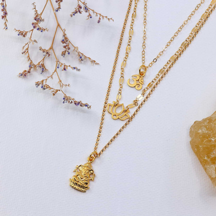 Awaken and Inspire - Ganesha Om Lotus Layered Necklace alt image | Breathe Autumn Rain Artisan Jewelry