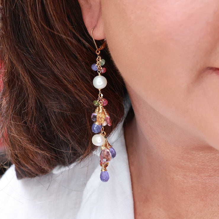 Manon - Multi Gemstone and Pearl Gold Cluster Earrings life style image | Breathe Autumn Rain Artisan Jewelry