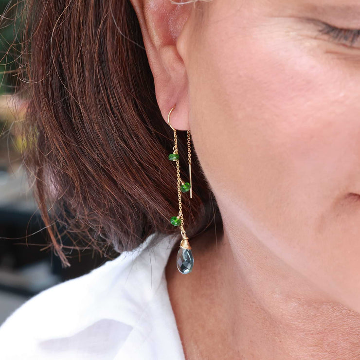 Mathilde - Moss Aquamarine and Chrome Diopside Gold Threader Earrings life style image | Breathe Autumn Rain Artisan Jewelry