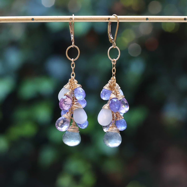 Murasaki - Multi Gemstone Gold Cluster Drop Earrings alt image | Breathe Autumn Rain Artisan Jewelry