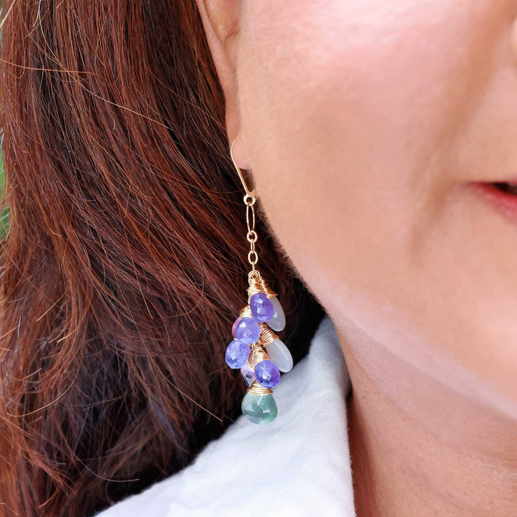Murasaki - Multi Gemstone Gold Cluster Drop Earrings life style image | Breathe Autumn Rain Artisan Jewelry