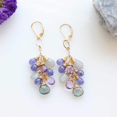 Murasaki - Multi Gemstone Gold Cluster Drop Earrings main image | Breathe Autumn Rain Artisan Jewelry