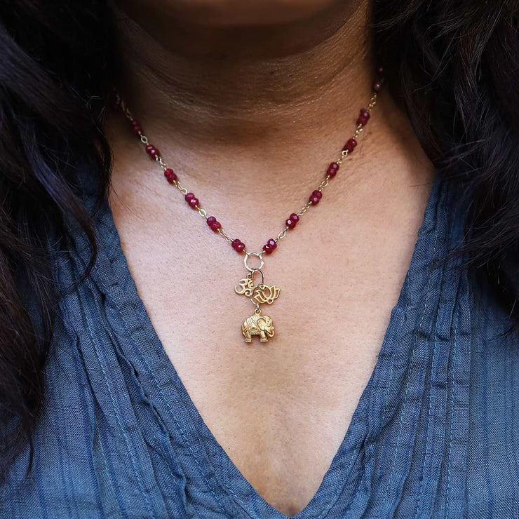 Bali In Bloom - Elephant Lotus Om Pendants Natural Ruby Necklace - life style image | BreatheAutumnRain