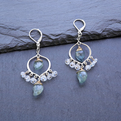 Grayson - Moss Aquamarine Moonstone Sterling Silver Chandelier Earrings - main image | BreatheAutumnRain