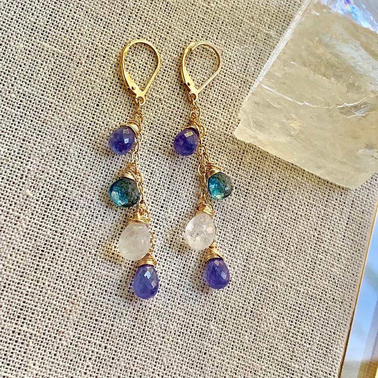 BreatheAutumnRain's Crocus in France - Tanzanite, Moonstone, and Topaz Gold Drop Earrings alternate Image 