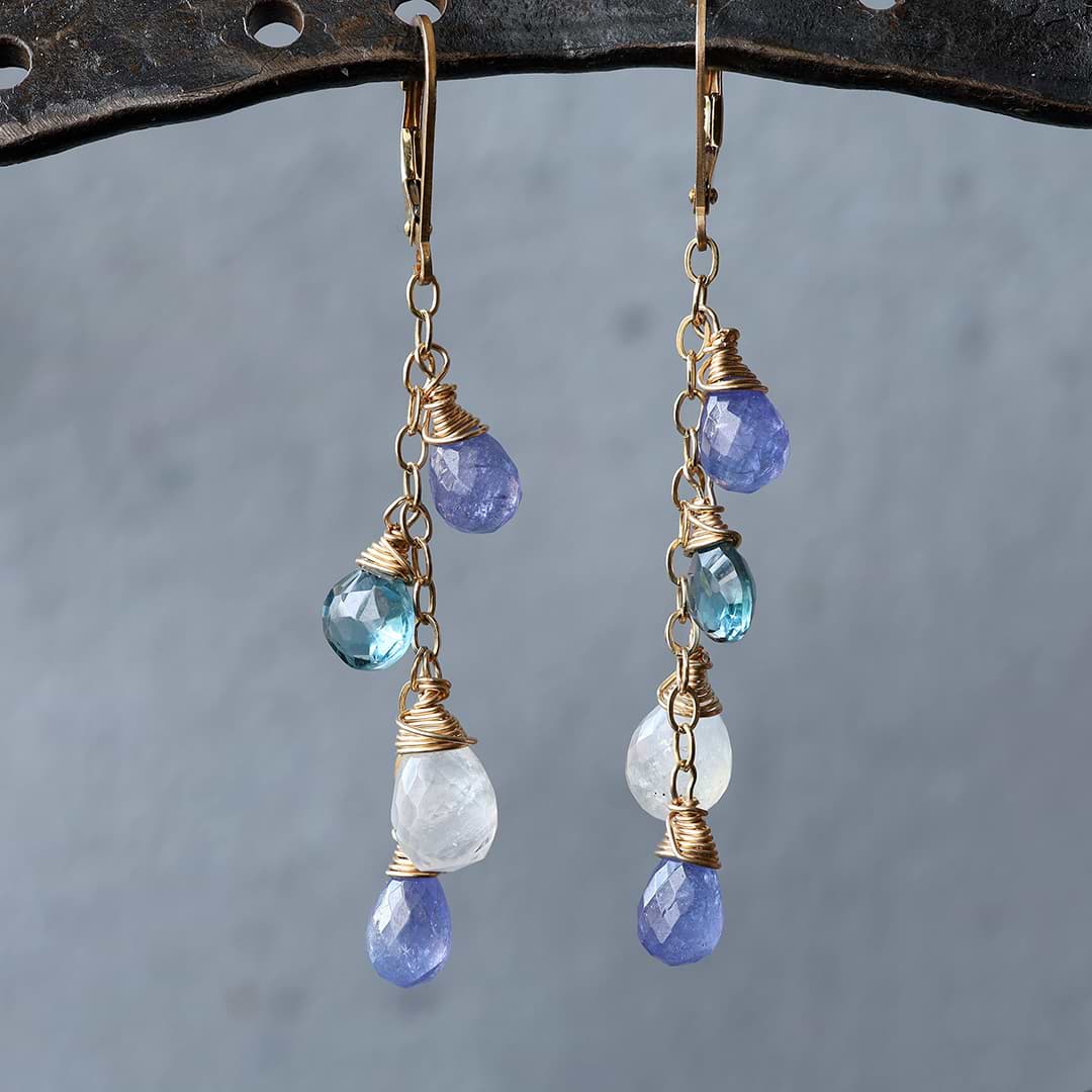 BreatheAutumnRain's Crocus in France - Tanzanite, Moonstone, and Topaz Gold Drop Earrings main Image | BreatheAutumnRain