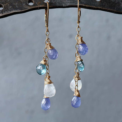 BreatheAutumnRain's Crocus in France - Tanzanite, Moonstone, and Topaz Gold Drop Earrings main Image | BreatheAutumnRain