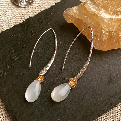 First Snow - Moonstone Hammered Sterling Silver Drop Hook Earrings | BreatheAutumnRain