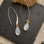 First Snow - Moonstone Hammered Sterling Silver Drop Hook Earrings - Alt Image | BreatheAutumnRain