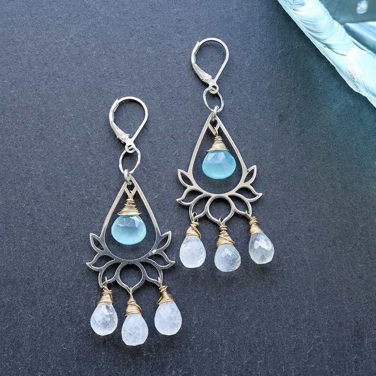 Lanai - Lotus Chalcedony and Moonstone Briolette Chandelier Earrings main image | Breathe Autumn Rain Artisan Jewelry