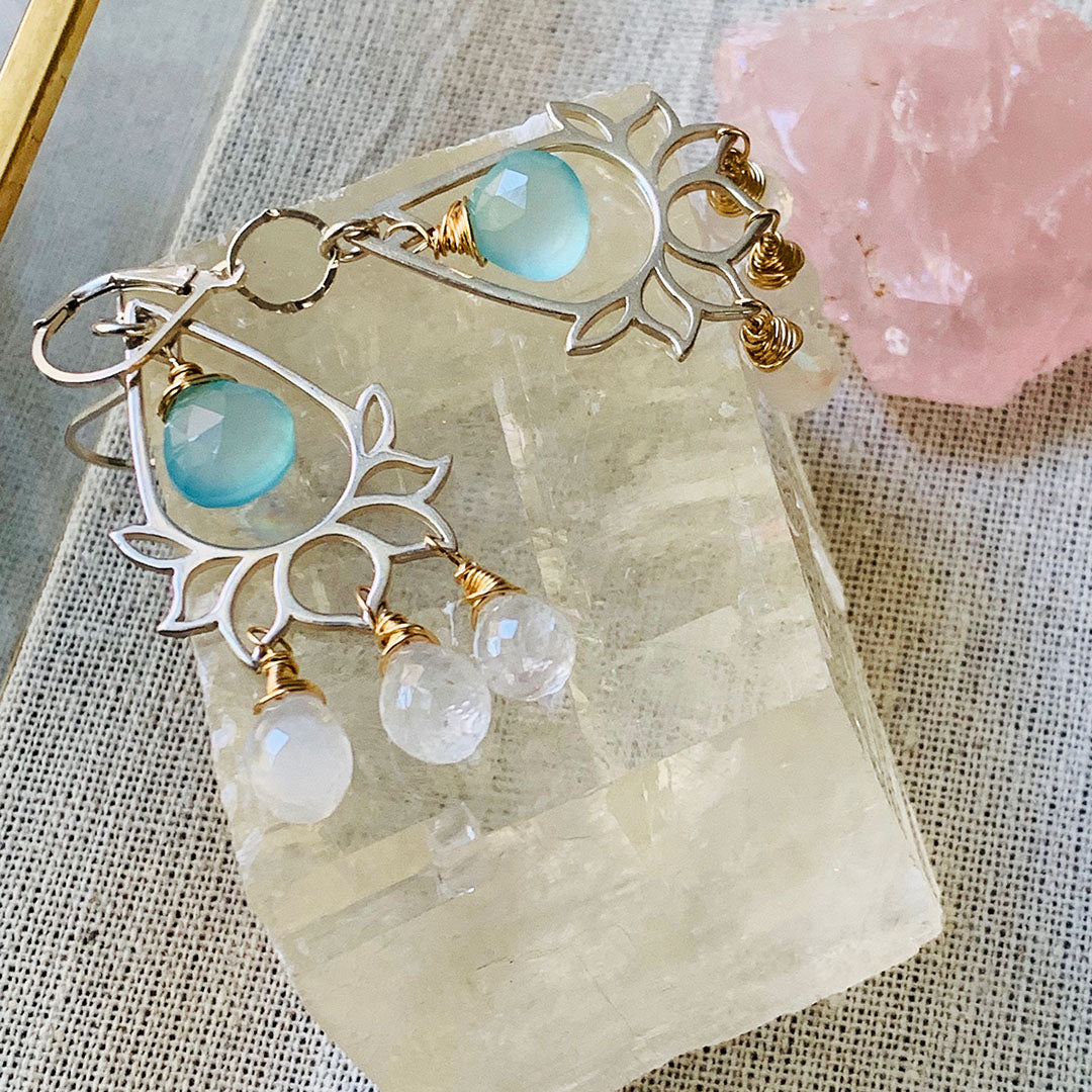 Lanai - Lotus Chalcedony and Moonstone Briolette Chandelier Earrings | BreatheAutumnRain