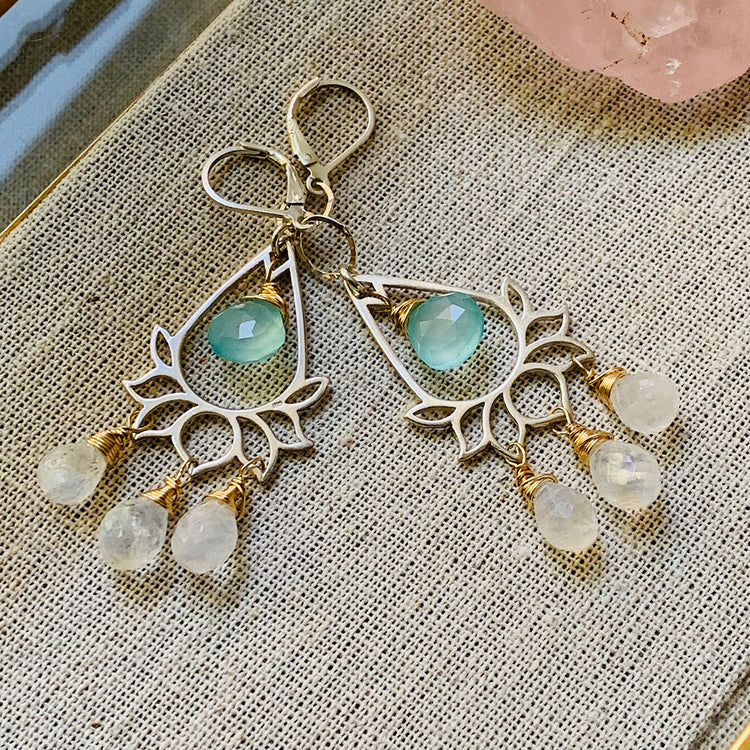 Lanai - Lotus Chalcedony and Moonstone Briolette Chandelier Earrings alt Image | BreatheAutumnRain