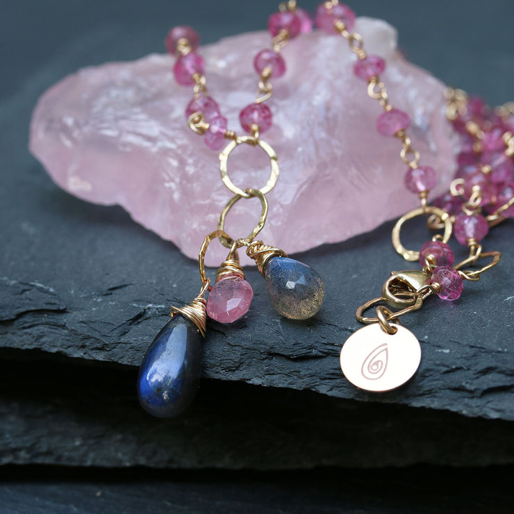 Pink Dahlia - Pink-Topaz and Blue-Labradorite 14K Gold-Filled Necklace