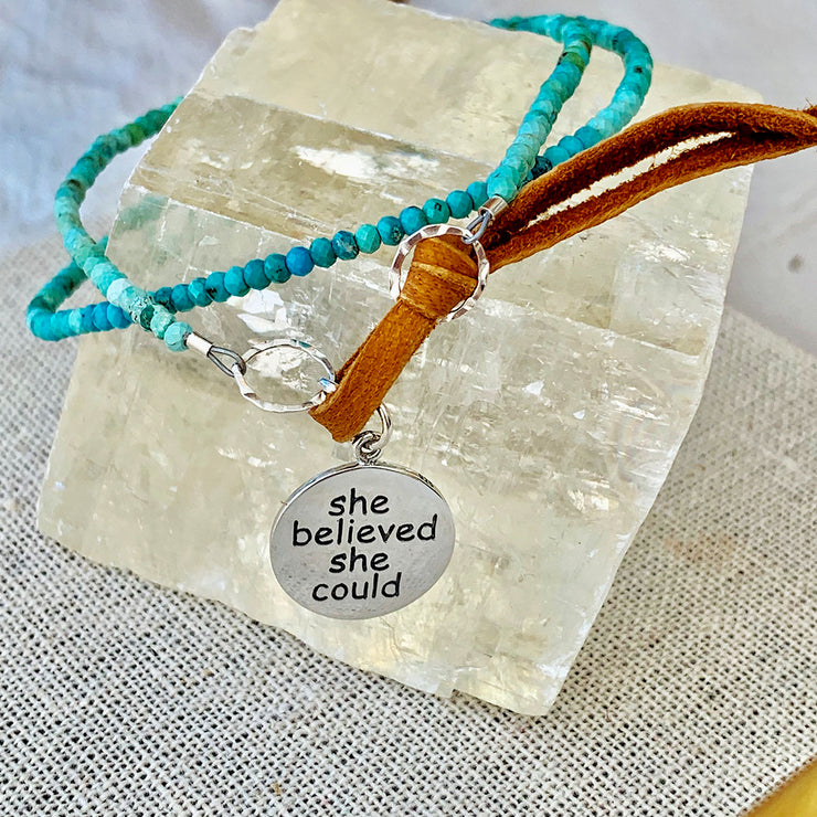 She Believed She Could - Turquoise Bead Double Wrap Empowerment Charm Bracelet - Main Image Front | Breathe Autumn Rain Artisan Jewelry