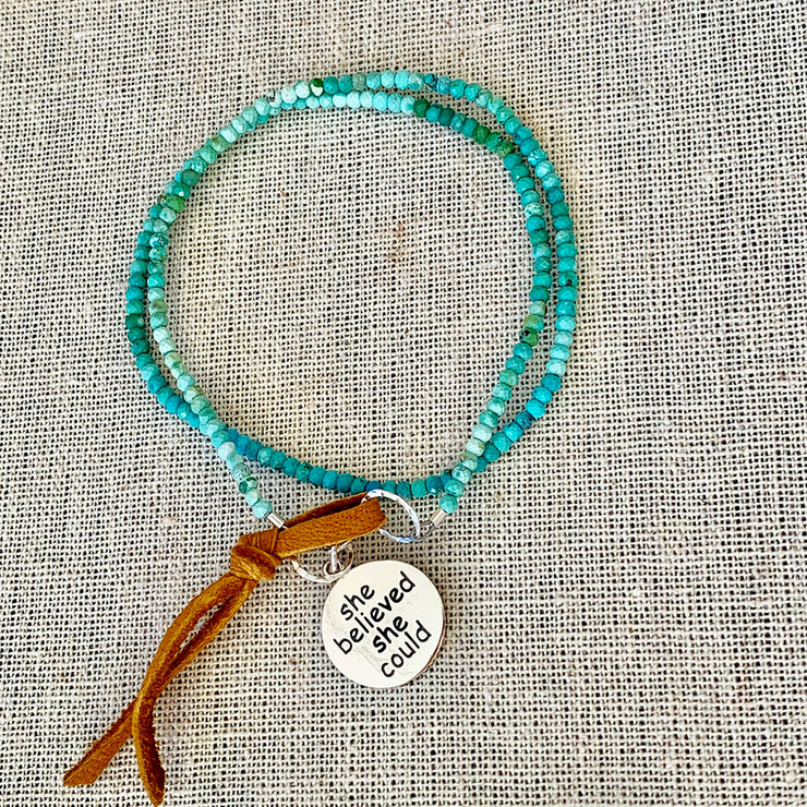 She Believed She Could - Turquoise Bead Double Wrap Empowerment Charm Bracelet - Alt Image | BreatheAutumnRain