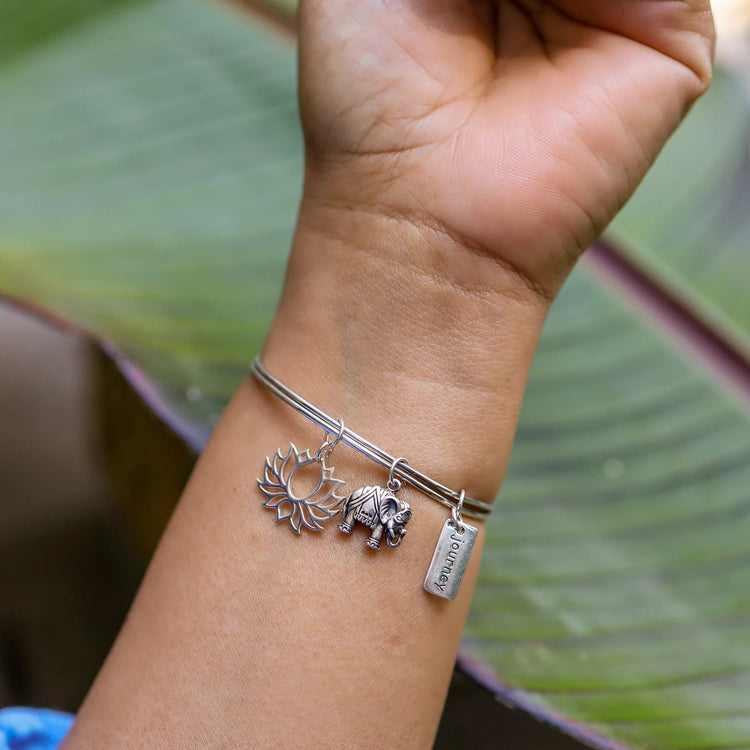 Thoughtful Journey to Bloom - Silver Elephant Lotus Charm Bracelet life style image | Breathe Autumn Rain Artisan Jewelry