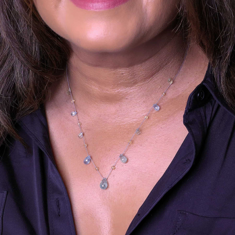 After the Rain - Aquamarine and Citrine Gold Necklace life style image | Breathe Autumn Rain Artisan Jewelry