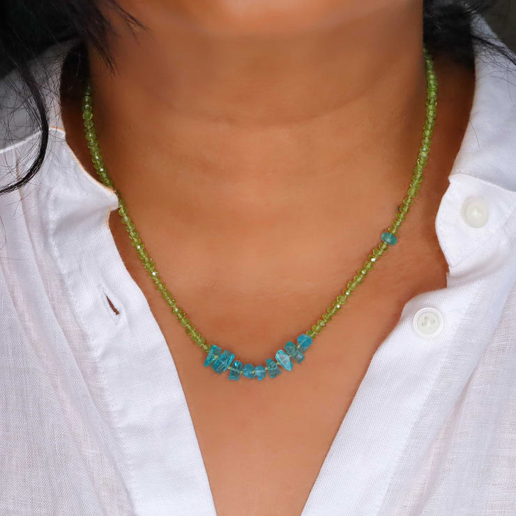 Alonnisos - Peridot and Apatite Nugget Silk Knotted Necklace life style image | Breathe Autumn Rain Artisan Jewelry