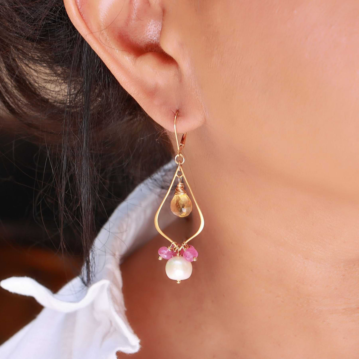 Antoinette - Multi-Gemstone Pearl Gold Chandelier Earrings life style image | Breathe Autumn Rain Artisan Jewelry