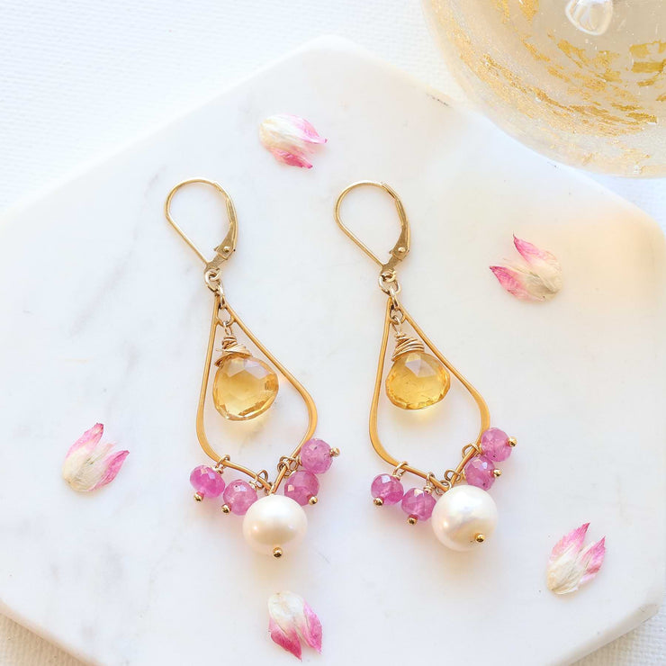 Antoinette - Multi-Gemstone Pearl Gold Chandelier Earrings main image | Breathe Autumn Rain Artisan Jewelry