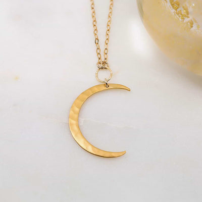 Artemis - Large Gold Hammered Waning Crescent Moon Necklace - main image | Breathe Autumn Rain Artisan Jewelry