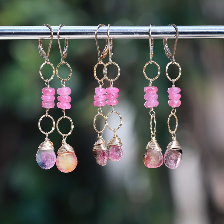 Autumn in Abundance -Tourmaline and Pink Sapphire Gold Earrings alt image | Breathe Autumn Rain Artisan Jewelry