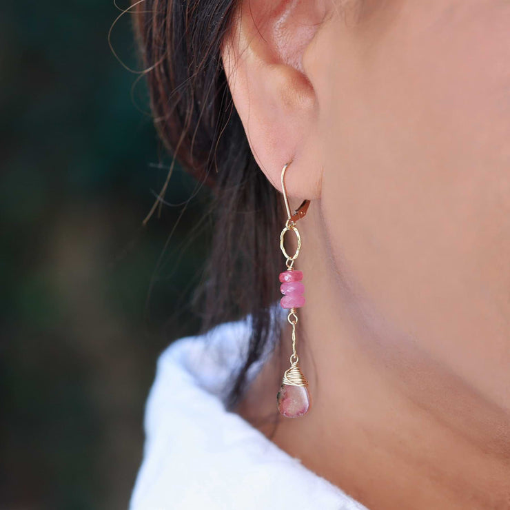 Autumn in Abundance -Tourmaline and Pink Sapphire Gold Earrings life style image | Breathe Autumn Rain Artisan Jewelry