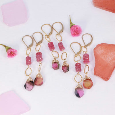 Autumn in Abundance -Tourmaline and Pink Sapphire Gold Earrings main image | Breathe Autumn Rain Artisan Jewelry