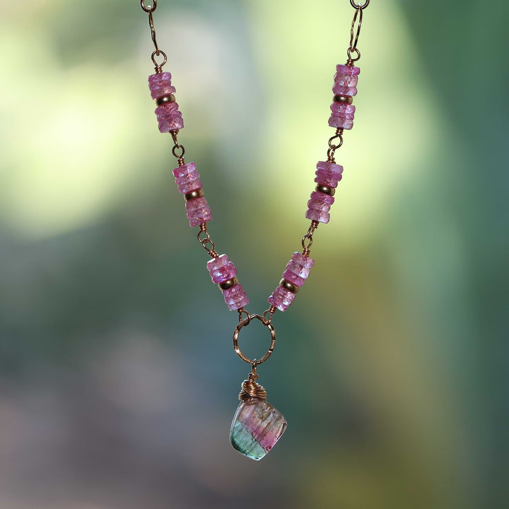 Autumn In Abundance - Tourmaline and Pink Sapphire Gold Necklace main image | Breathe Autumn Rain Artisan Jewelry