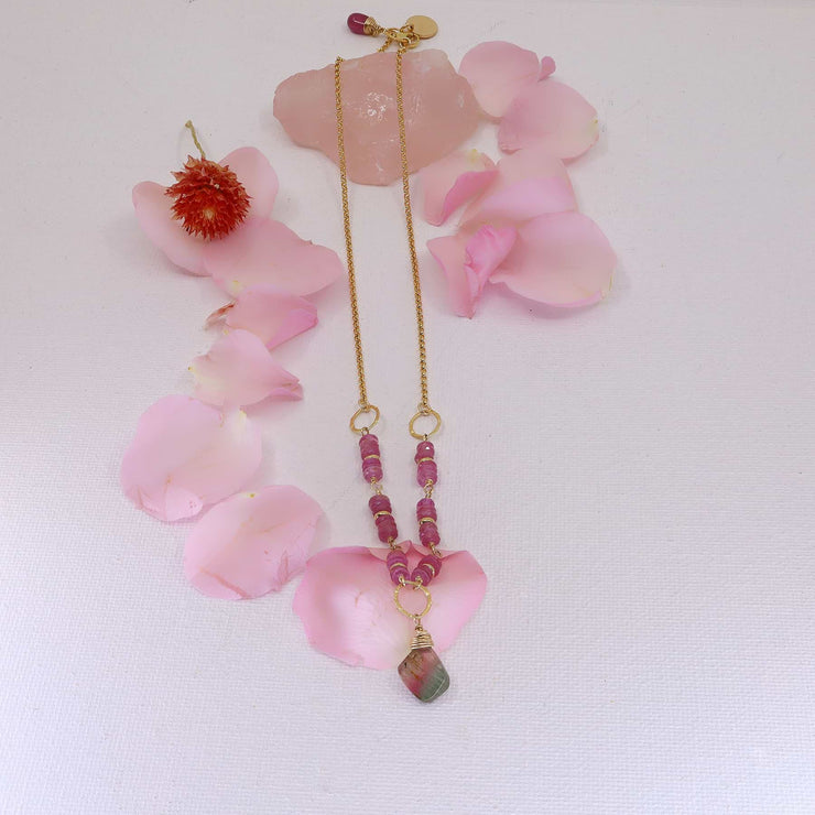 Autumn In Abundance - Tourmaline and Pink Sapphire Gold Necklace alt image | Breathe Autumn Rain Artisan Jewelry